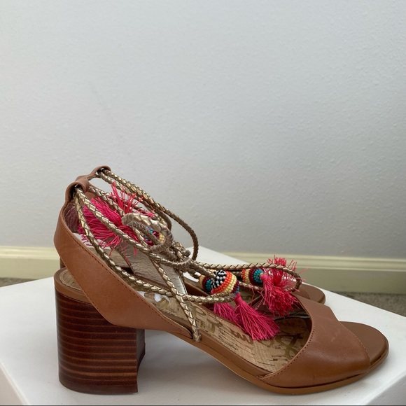 Sam Edelman Women’s Brown Block Heel Beaded Sandals Size 7 Beaded Tassel - Picture 8 of 16